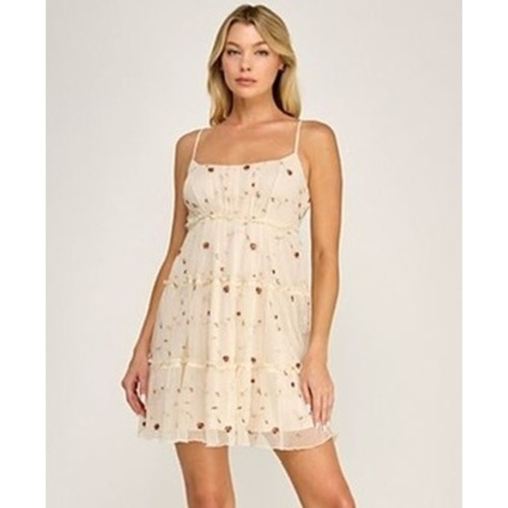 Row A Floral Embroidered Mesh Tiered Dress Juniors XS Cream Cottagecore NWT